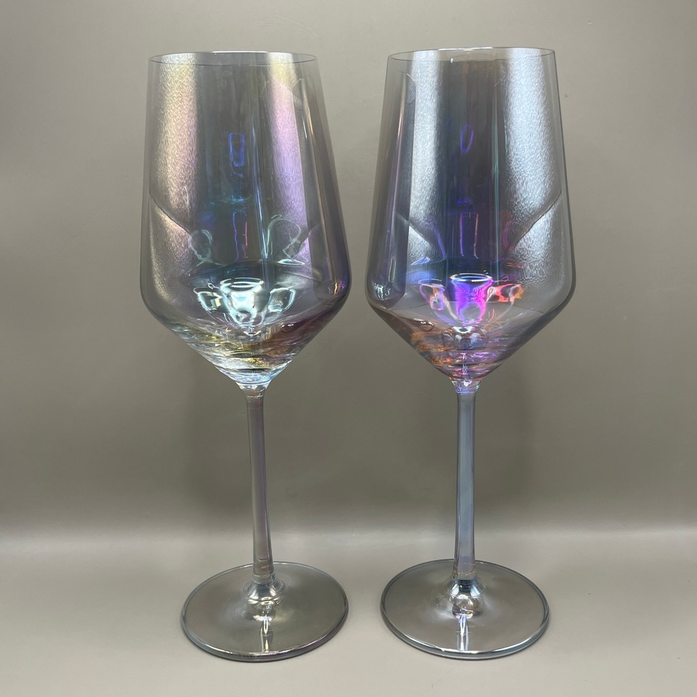 2 Iridescent Luster Glass Wine Glasses Long Stem Pearlescent Barware 9.25"